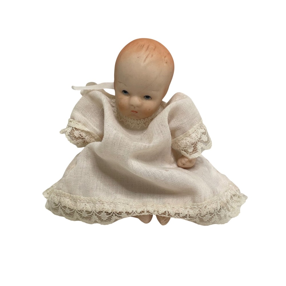 Vintage Russ Berrie & Co Bisque Porcelain Miniature Baby Doll White Lace Collect